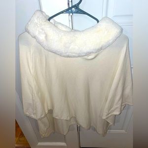 Alfani White Knit Poncho Sweater with Feaux Fur Collar Detail
